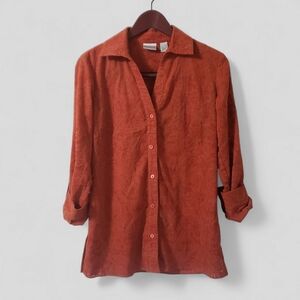 Chico's Velvet Burnout Floral Button Down Shirt Small Orange Roll Tab Whimsigoth